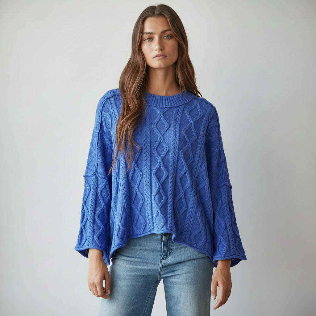 [By Together - W2280 | Knit Cable Sweater Cotton 3/4 Sleeve Pullover: Cobalt Blue / S], [Sweater], [By Together], [Plum Bottom].