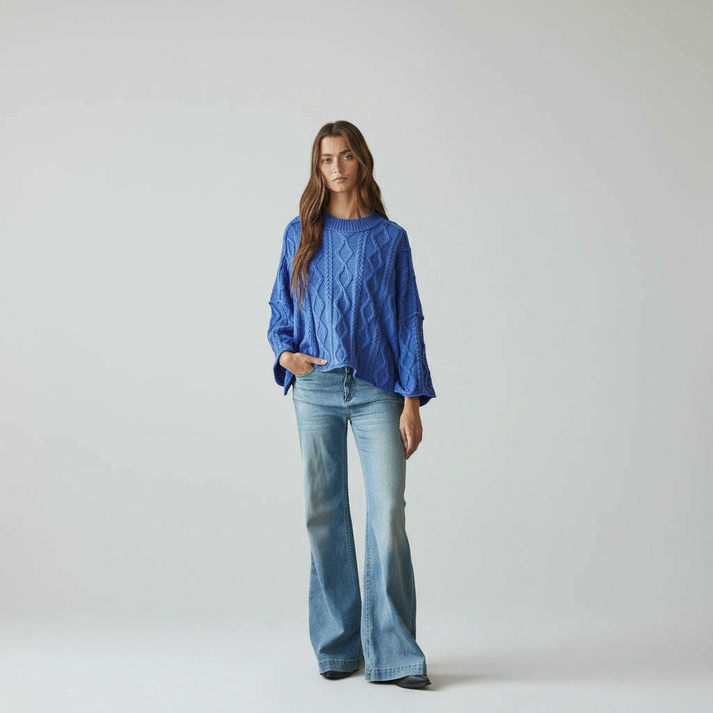[By Together - W2280 | Knit Cable Sweater Cotton 3/4 Sleeve Pullover: Cobalt Blue / S], [Sweater], [By Together], [Plum Bottom].