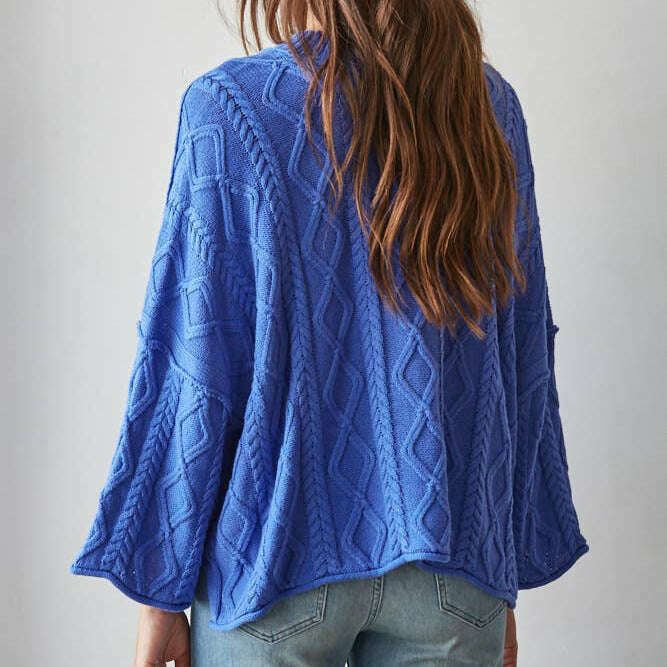 [By Together - W2280 | Knit Cable Sweater Cotton 3/4 Sleeve Pullover: Cobalt Blue / S], [Sweater], [By Together], [Plum Bottom].