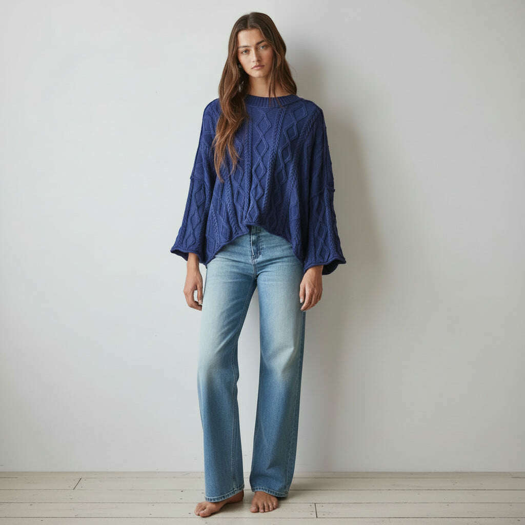 [By Together - W2280 | Knit Cable Sweater Cotton 3/4 Sleeve Pullover: Cobalt Blue / S], [Sweater], [By Together], [Plum Bottom].