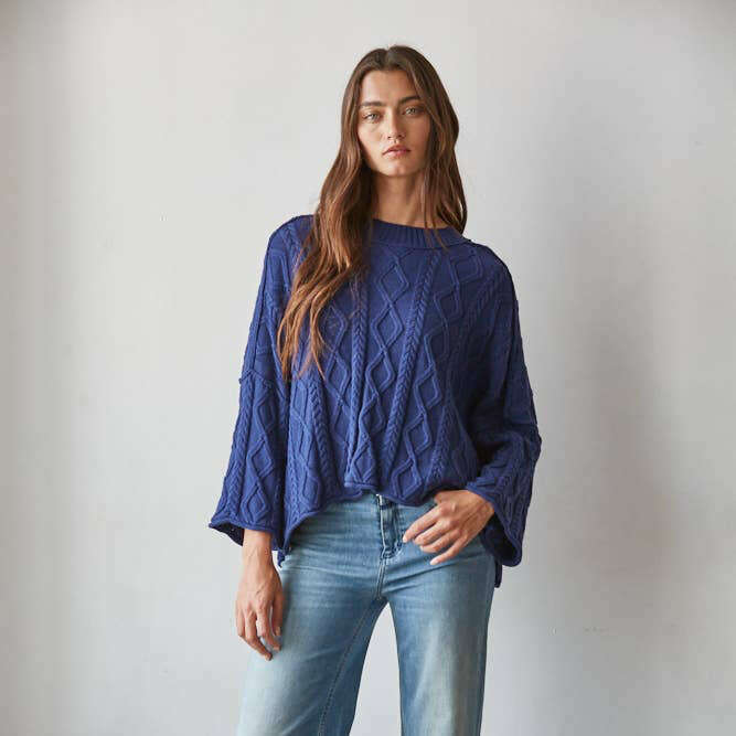 [By Together - W2280 | Knit Cable Sweater Cotton 3/4 Sleeve Pullover: Cobalt Blue / S], [Sweater], [By Together], [Plum Bottom].