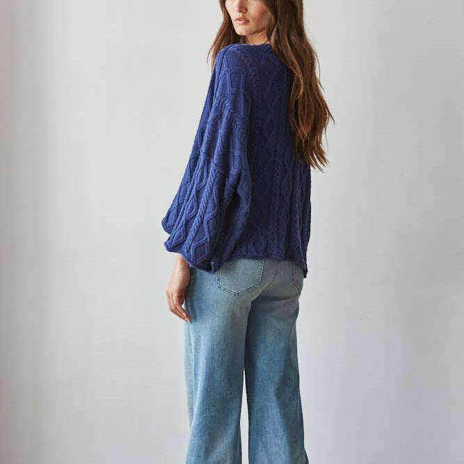 [By Together - W2280 | Knit Cable Sweater Cotton 3/4 Sleeve Pullover: Cobalt Blue / S], [Sweater], [By Together], [Plum Bottom].