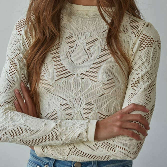 [By Together - S1228 | Knit Seamless Jacquard Mock Neck Long Sleeve Top: Cream / ML], [Tops], [By Together], [Plum Bottom].