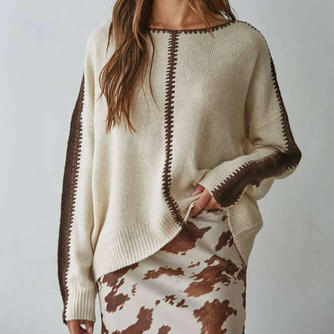 [By Together - W2356 | Knit Sweater Pullover Top With Stitch Detail: Light Beige / L], [Sweater], [By Together], [Plum Bottom].