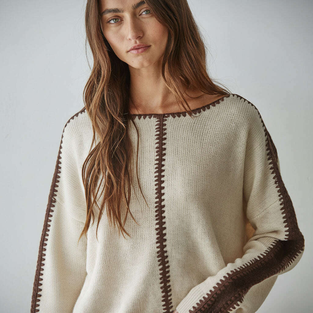 [By Together - W2356 | Knit Sweater Pullover Top With Stitch Detail: Light Beige / L], [Sweater], [By Together], [Plum Bottom].