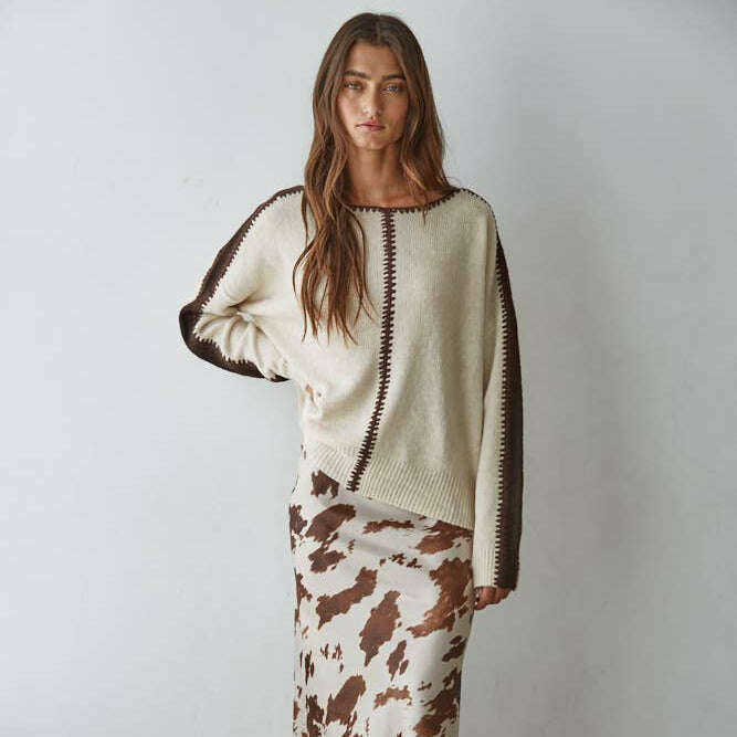 [By Together - W2356 | Knit Sweater Pullover Top With Stitch Detail: Light Beige / L], [Sweater], [By Together], [Plum Bottom].