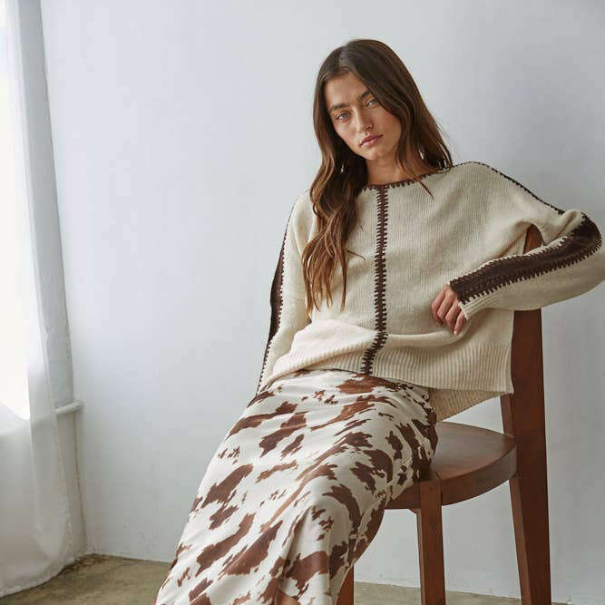[By Together - W2356 | Knit Sweater Pullover Top With Stitch Detail: Light Beige / L], [Sweater], [By Together], [Plum Bottom].