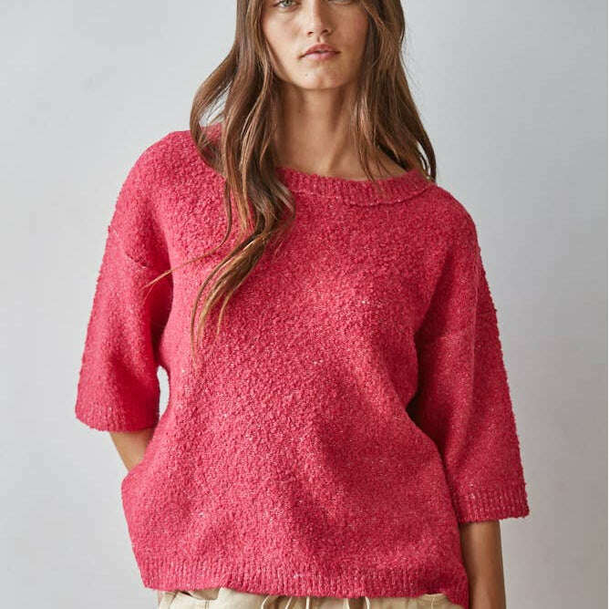 [By Together - W2656 | Knit Sweater Short Sleeve Boxy Pullover Top: Fuchsia / M], [Tops], [By Together], [Plum Bottom].