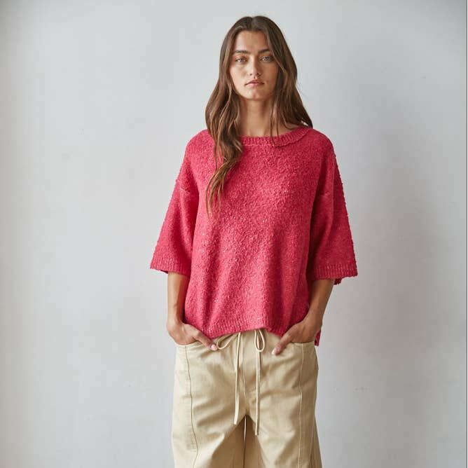 [By Together - W2656 | Knit Sweater Short Sleeve Boxy Pullover Top: Fuchsia / M], [Tops], [By Together], [Plum Bottom].