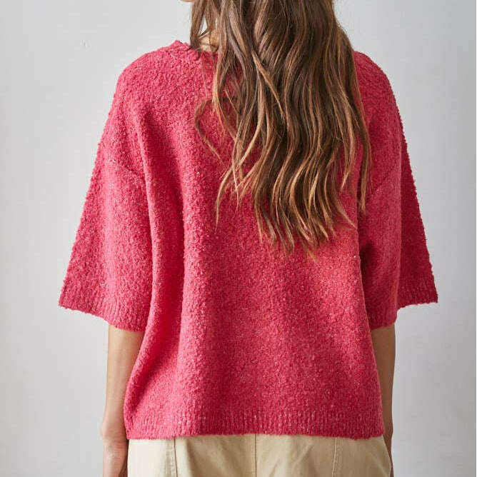[By Together - W2656 | Knit Sweater Short Sleeve Boxy Pullover Top: Fuchsia / M], [Tops], [By Together], [Plum Bottom].