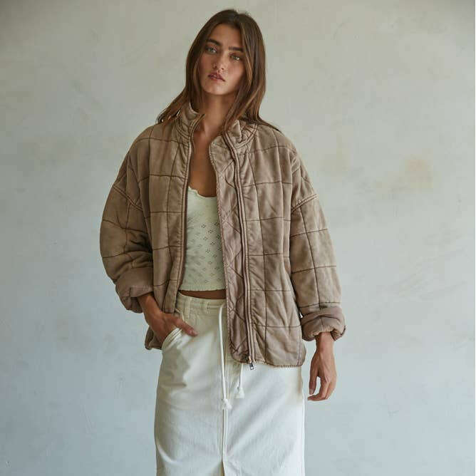 [By Together - L4369 | Long Sleeve Quilted Knit Mineral Washed Jacket: Rose Taupe / S], [Jacket], [By Together], [Plum Bottom].