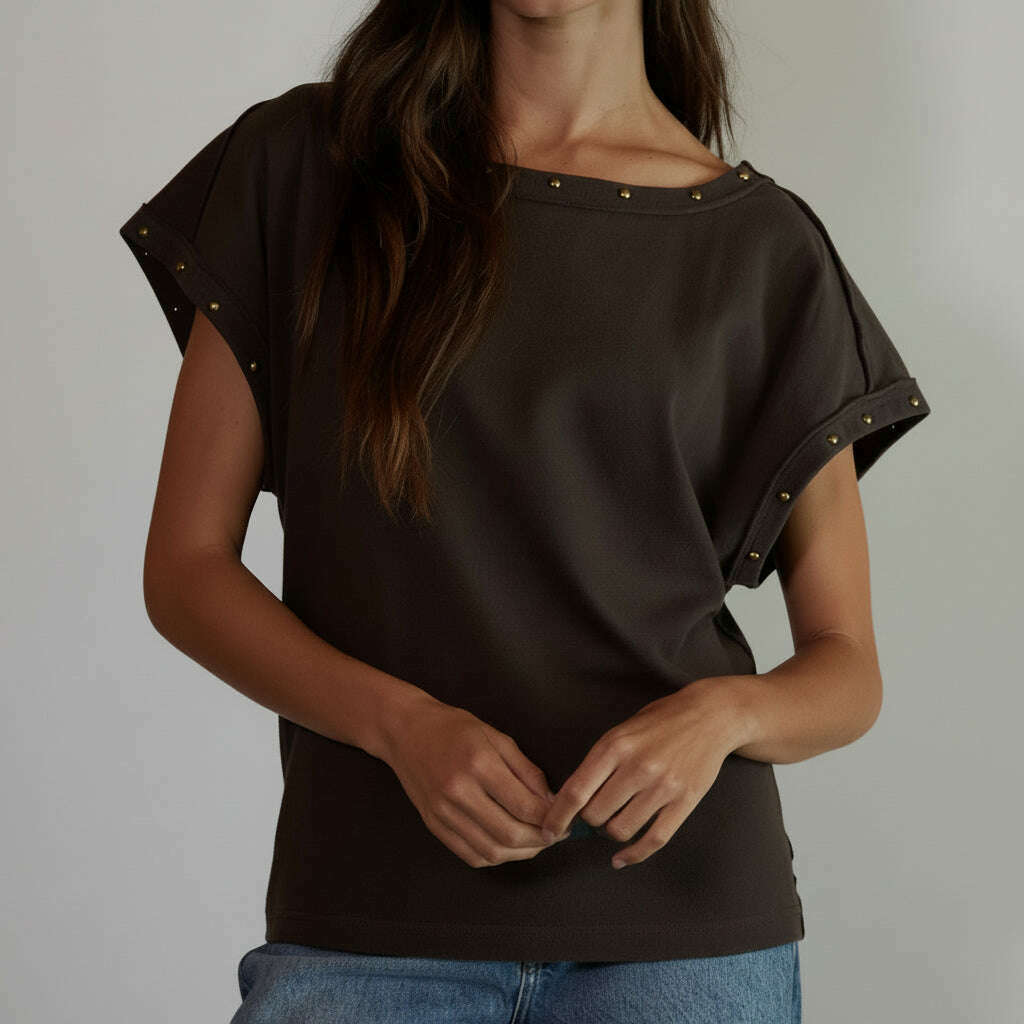 [By Together - L9945 | Woven Cotton Boat Neck Top With Bead Stud Detail: Charcoal / L], [Tops], [By Together], [Plum Bottom].