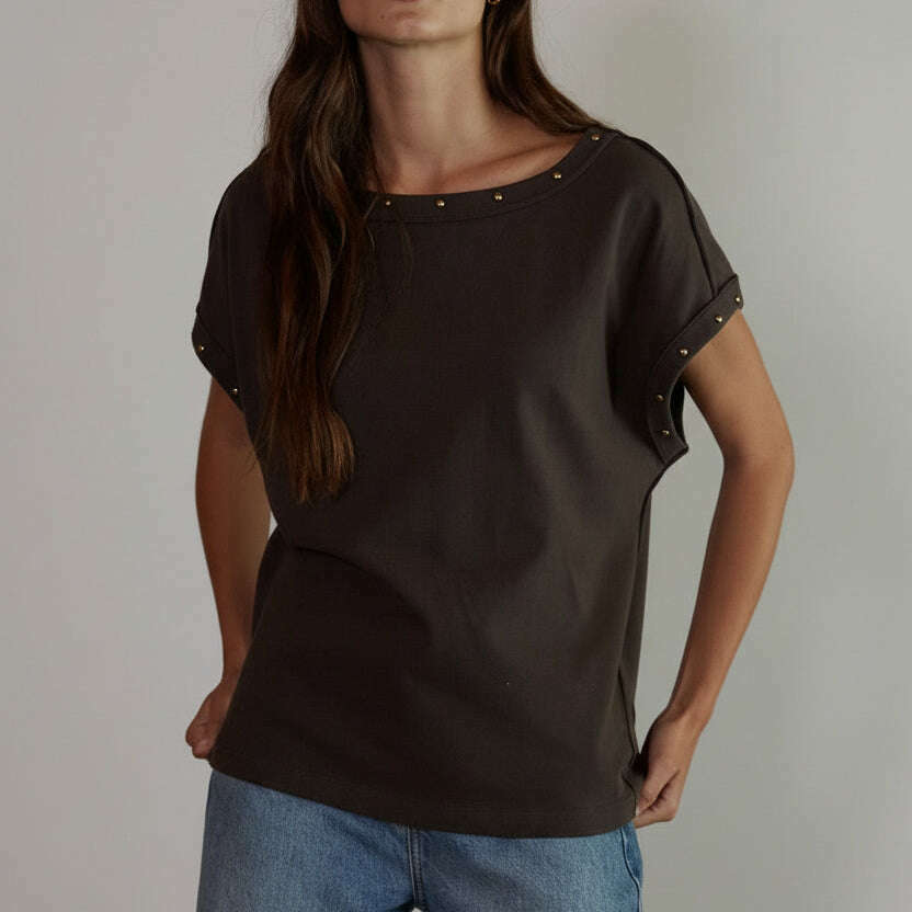 [By Together - L9945 | Woven Cotton Boat Neck Top With Bead Stud Detail: Charcoal / L], [Tops], [By Together], [Plum Bottom].