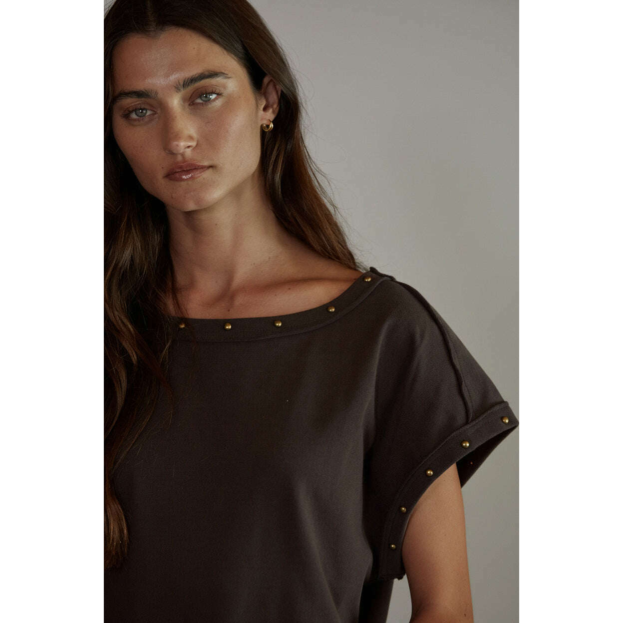 [By Together - L9945 | Woven Cotton Boat Neck Top With Bead Stud Detail: Charcoal / L], [Tops], [By Together], [Plum Bottom].