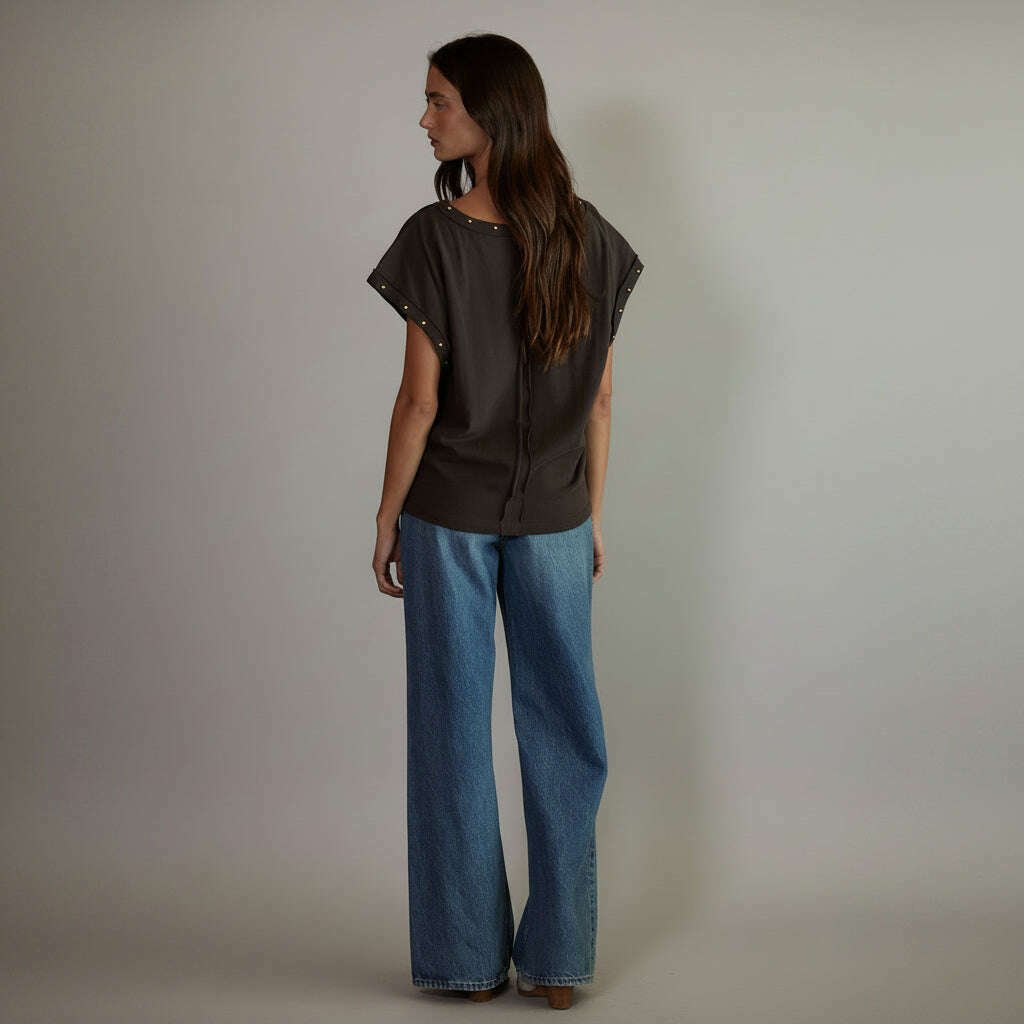 [By Together - L9945 | Woven Cotton Boat Neck Top With Bead Stud Detail: Charcoal / L], [Tops], [By Together], [Plum Bottom].