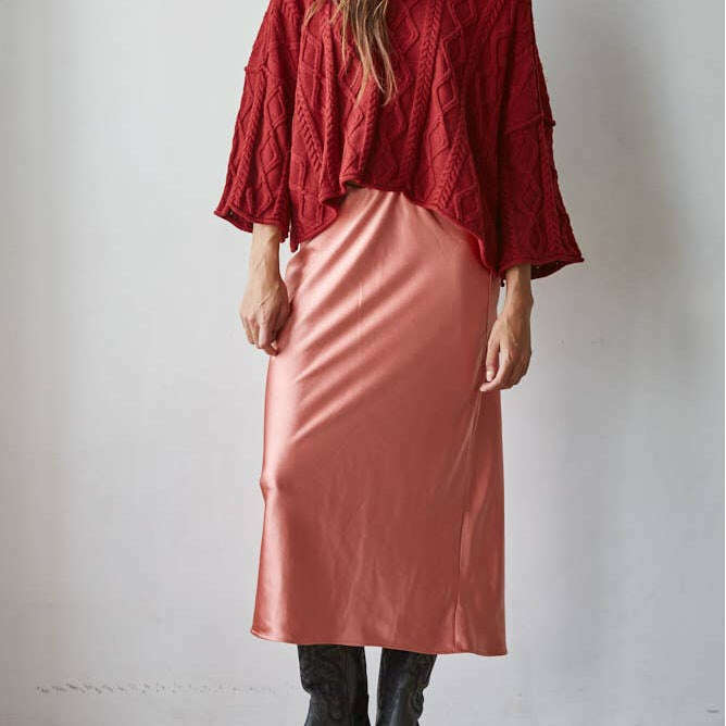 [By Together - L5954 | Woven Satin Waist Elastic Band Midi Skirt: Rosewood Pink / Large], [Skirts], [By Together], [Plum Bottom].