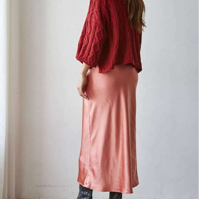 [By Together - L5954 | Woven Satin Waist Elastic Band Midi Skirt: Rosewood Pink / Large], [Skirts], [By Together], [Plum Bottom].