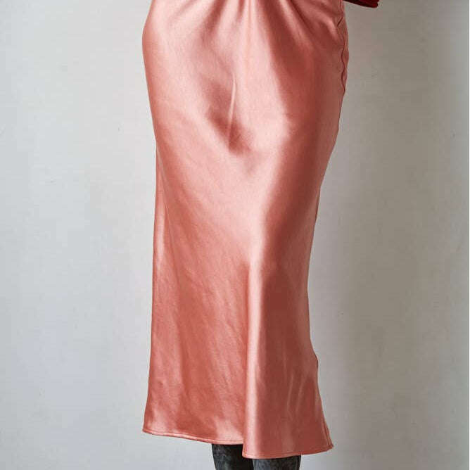 [By Together - L5954 | Woven Satin Waist Elastic Band Midi Skirt: Rosewood Pink / Large], [Skirts], [By Together], [Plum Bottom].