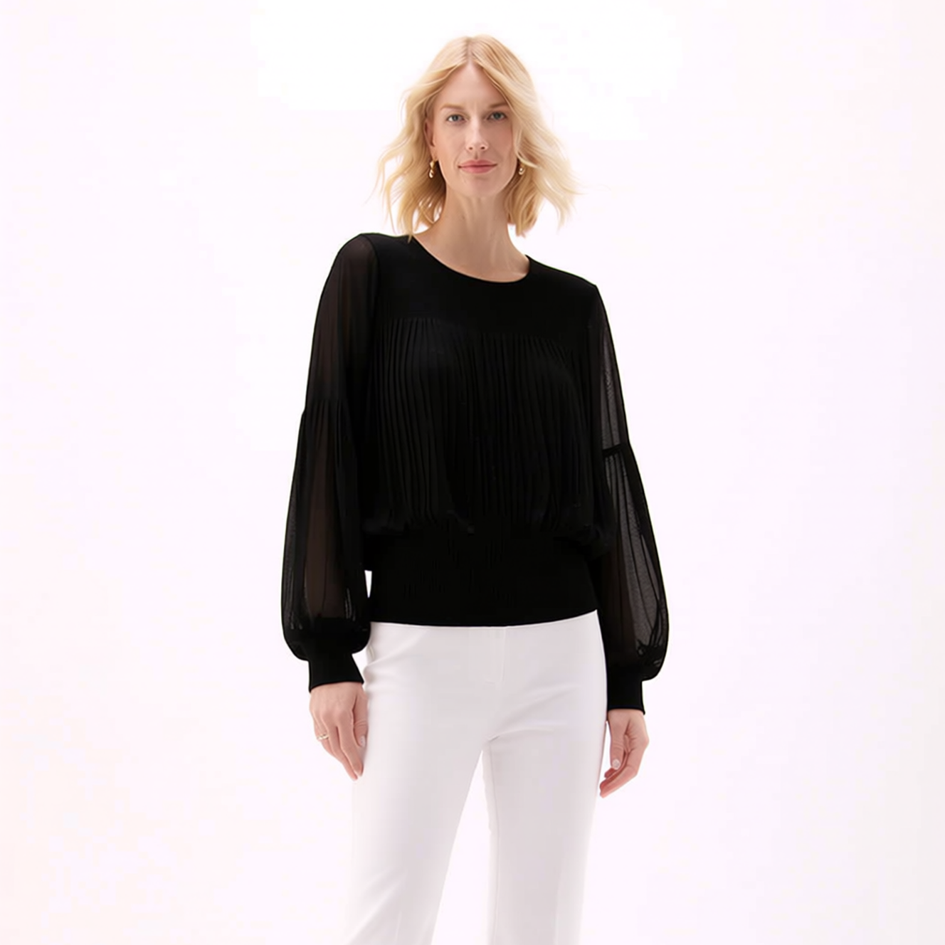 [Ellyndale - Pleating Long Sleeves Top- Chiffon Flow (Black): Black / O/S], [Tops], [Ellyndale], [Plum Bottom].