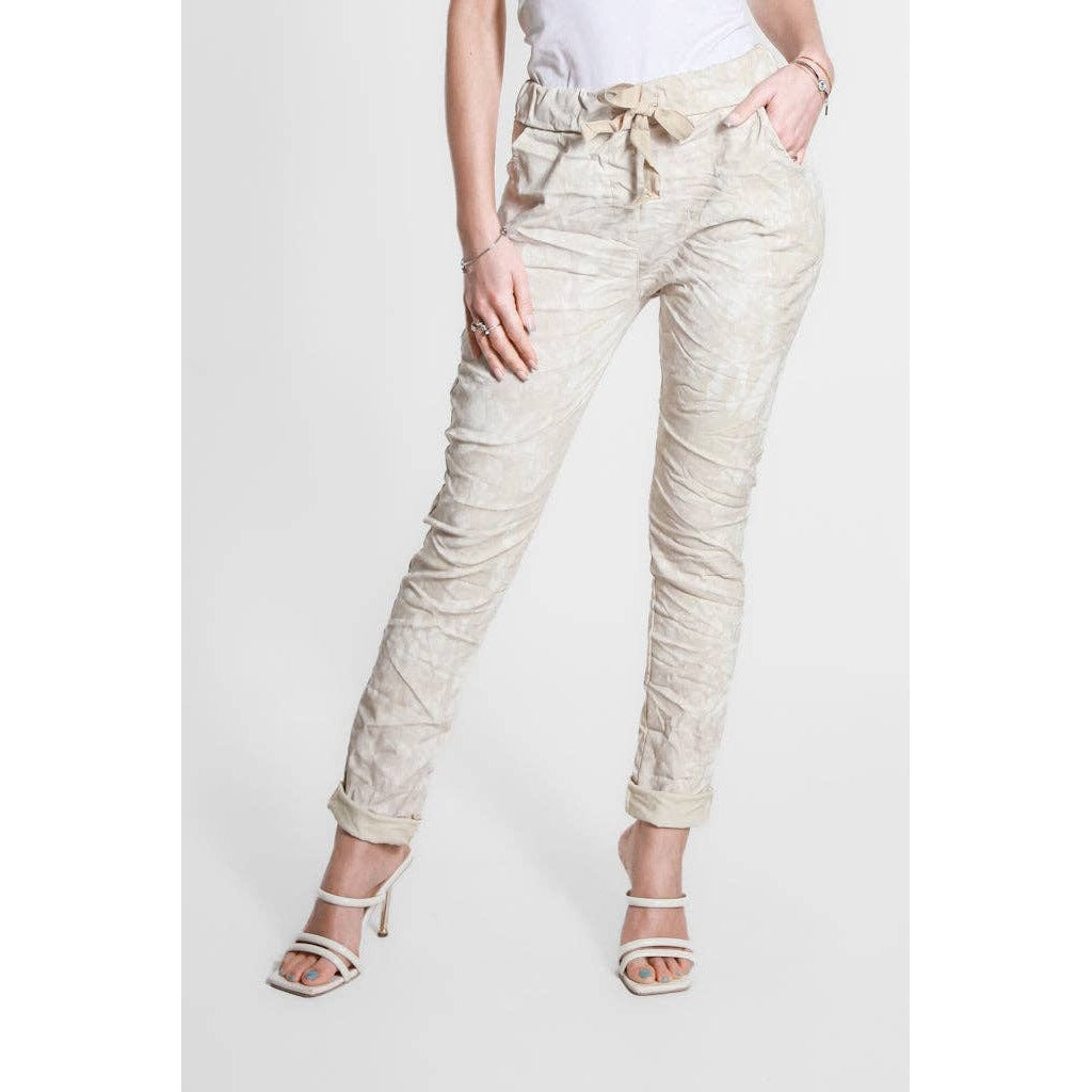 [TINA Stephens Italy/Tees By Tina - Collins Tonal Splotch Stretch Tie Waist Pant (PL160T): 250 Beige], [CLOTHING], [TINA Stephens Italy/Tees By Tina], [Plum Bottom].