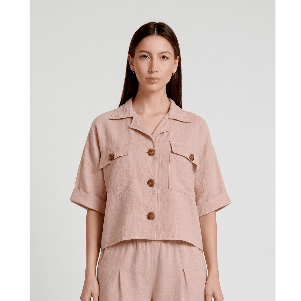 [TINA Stephens Italy/Tees By Tina - Liv Cropped Linen Jacket (JQ108): 681 Blush / Size 1], [CLOTHING], [TINA Stephens Italy/Tees By Tina], [Plum Bottom].