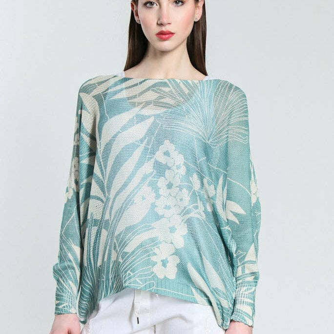 [TINA Stephens Italy/Tees By Tina - Palm Danielle LS Batwing Open Knit Sweater w/ Removable Line (BLS424P): 442 Aqua / One Size], [CLOTHING], [TINA Stephens Italy/Tees By Tina], [Plum Bottom].