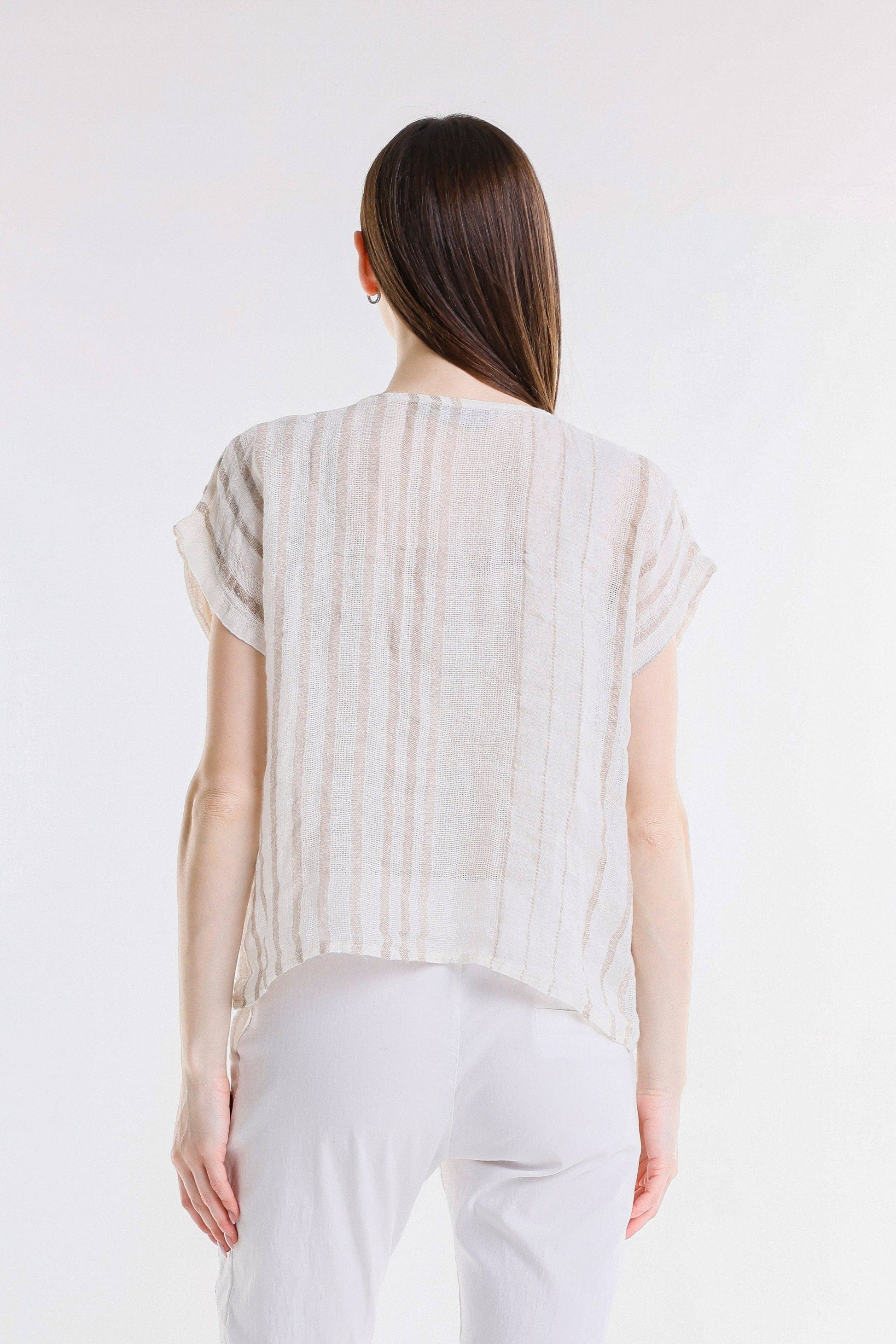 [TINA Stephens Italy/Tees By Tina - Heidi Short Sleeve Specialty Linen Striped Top (BSS914): 109B Natural w/ Beige / One Size], [CLOTHING], [TINA Stephens Italy/Tees By Tina], [Plum Bottom].