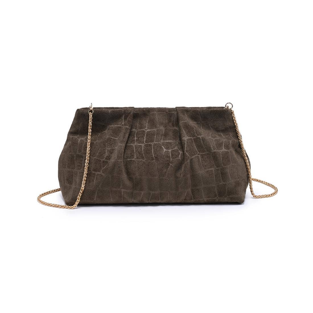 [Moda Luxe - Elva - Croc Embossed Faux Suede Clutch: Olive], [Handbags], [Moda Luxe], [Plum Bottom].
