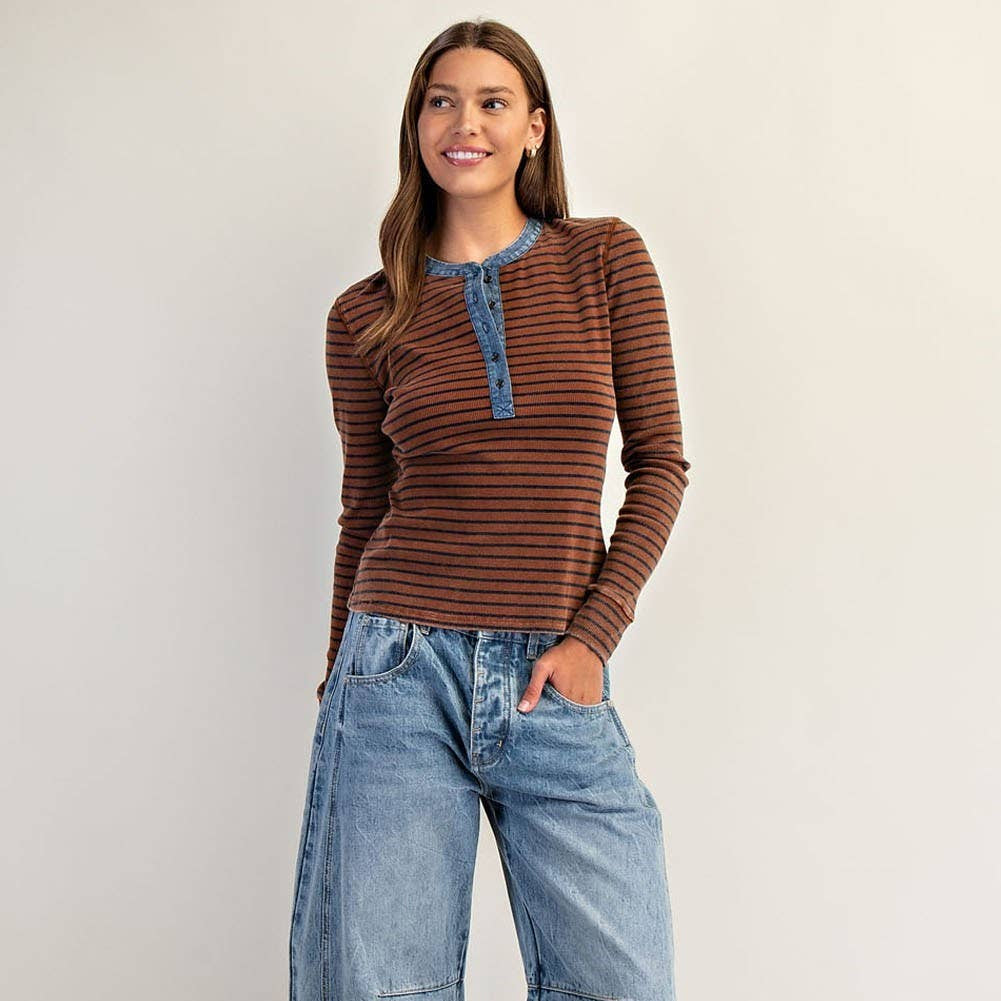 [PEACE LOVE LINE Snow Wash Two Tone Button Down top], [Shirts], [Peace Love Line], [Plum Bottom].