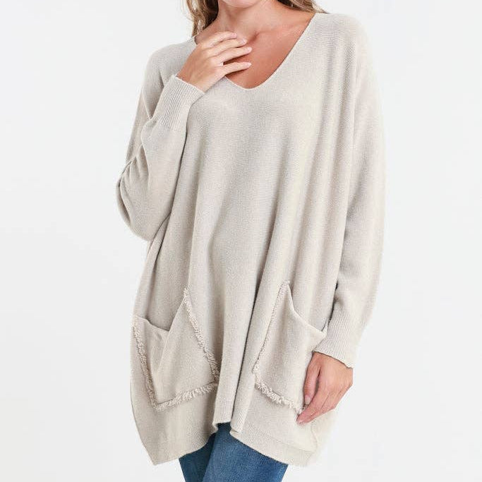 [TINA Stephens Italy/Tees By Tina - Shannon LS Oversize Fringe Pocket Sweater (BLS433): 250 Beige / One Size], [Sweater], [TINA Stephens Italy/Tees By Tina], [Plum Bottom].
