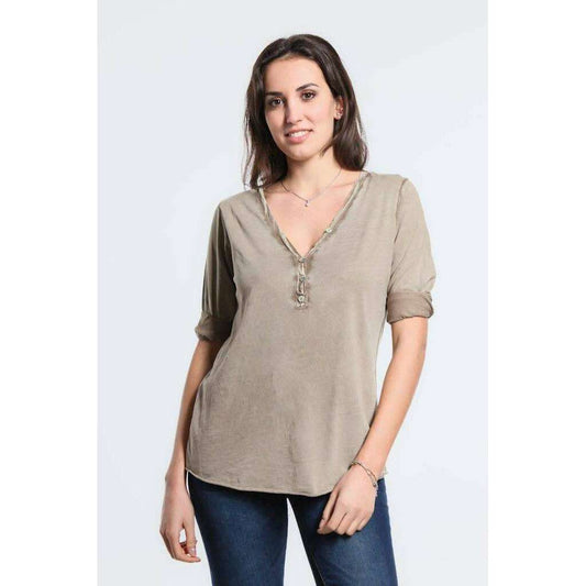 [TINA Stephens Italy/Tees By Tina - Paris Henley (BQ178): 241 Taupe Spray Wash], [CLOTHING], [TINA Stephens Italy/Tees By Tina], [Plum Bottom].