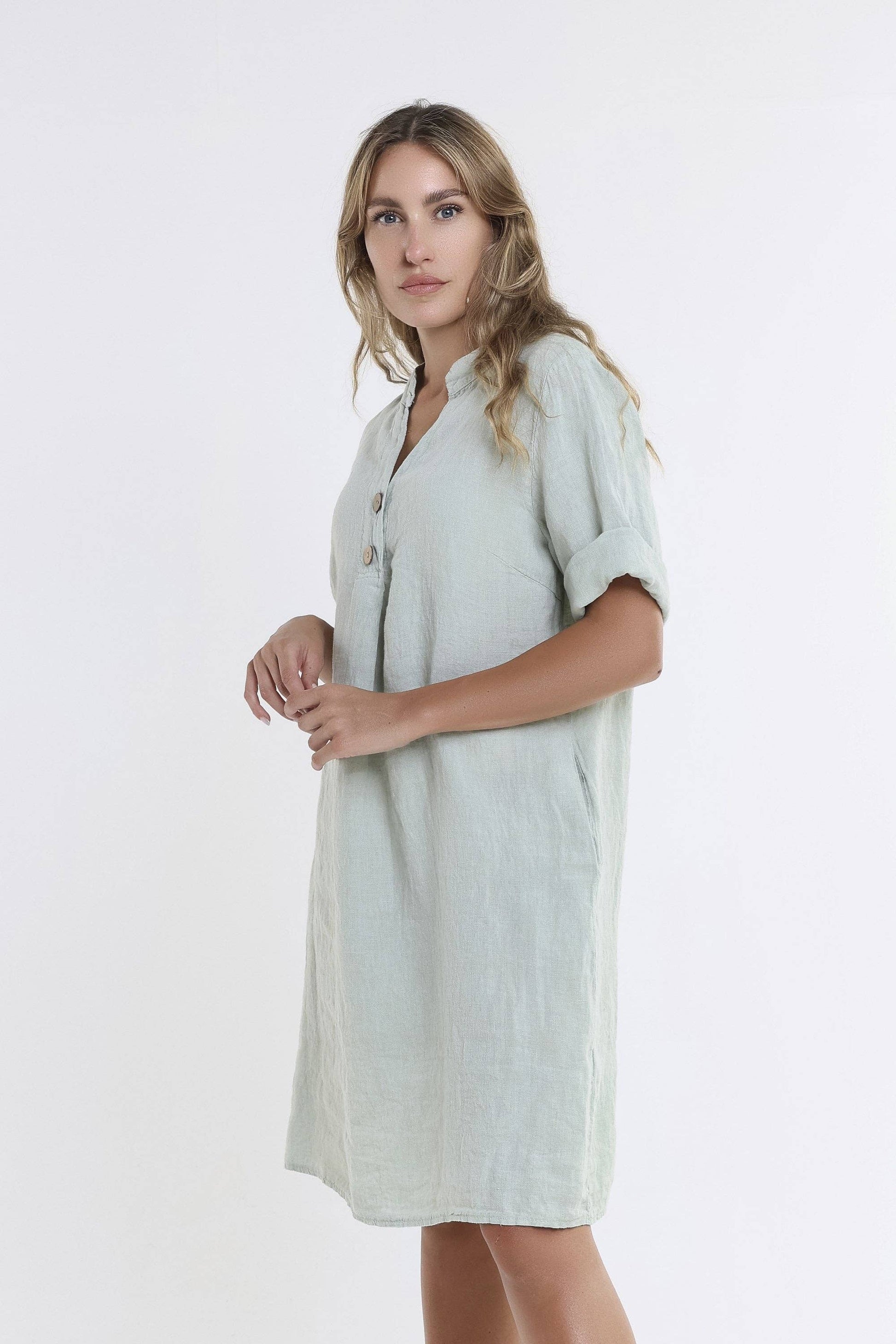 [TINA Stephens Italy/Tees By Tina - Lizzie Short Sleeve Linen Placket Dress (DSS140): 316 Olive / One Size], [CLOTHING], [TINA Stephens Italy/Tees By Tina], [Plum Bottom].