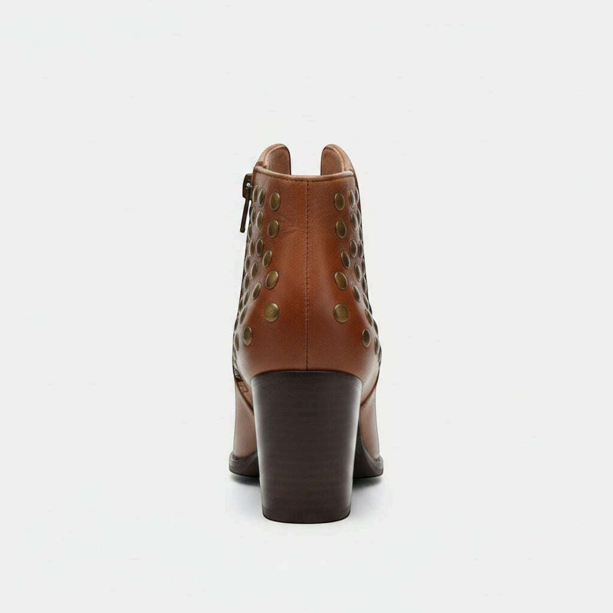 Plum Bottom CHOCOLAT BLU Edie chocolate leather ankle boot with brass stud detailing and a stacked block heel