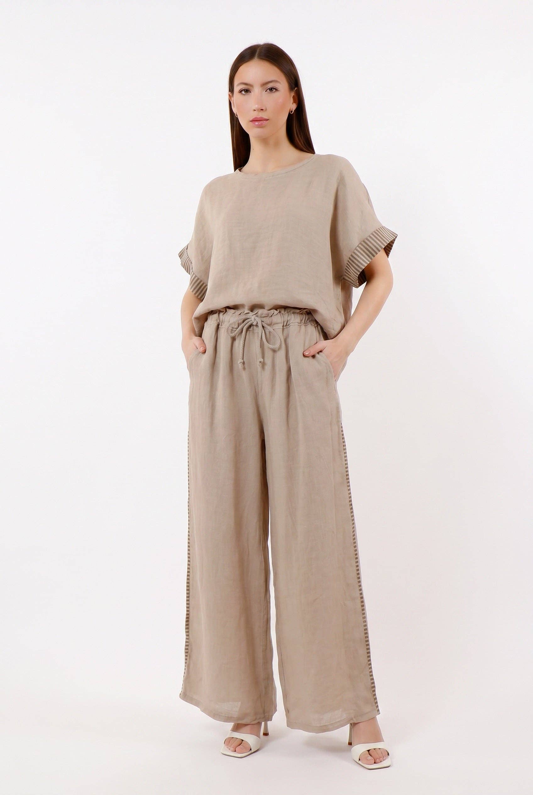 [TINA Stephens Italy/Tees By Tina - Brie Stripe Trim Short Sleeve Linen Top (BSS936PR): 286 Cashmere / One Size], [Tops], [TINA Stephens Italy/Tees By Tina], [Plum Bottom].