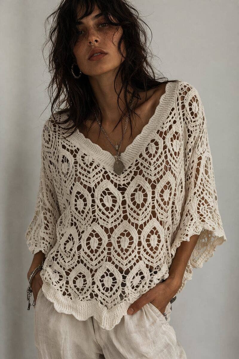 [LOOWIE - LUGVS Geo V-Neck Crochet Sweater Cotton One Size S/M: Ecru], [Sweater], [LOOWIE], [Plum Bottom].