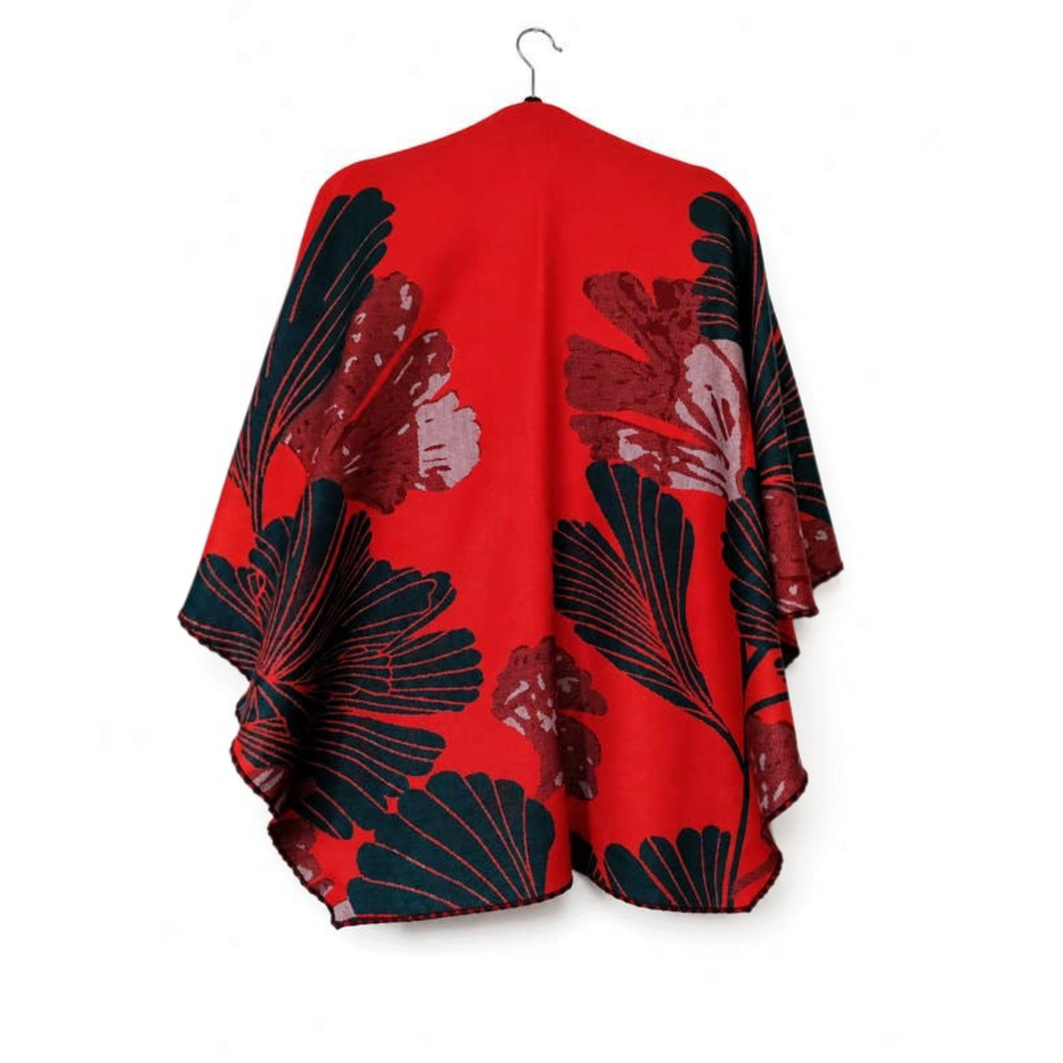 [Winding River - Red / Green Large Ginkgoes Reversible Loop Wrap], [Scarf], [Winding River], [Plum Bottom].