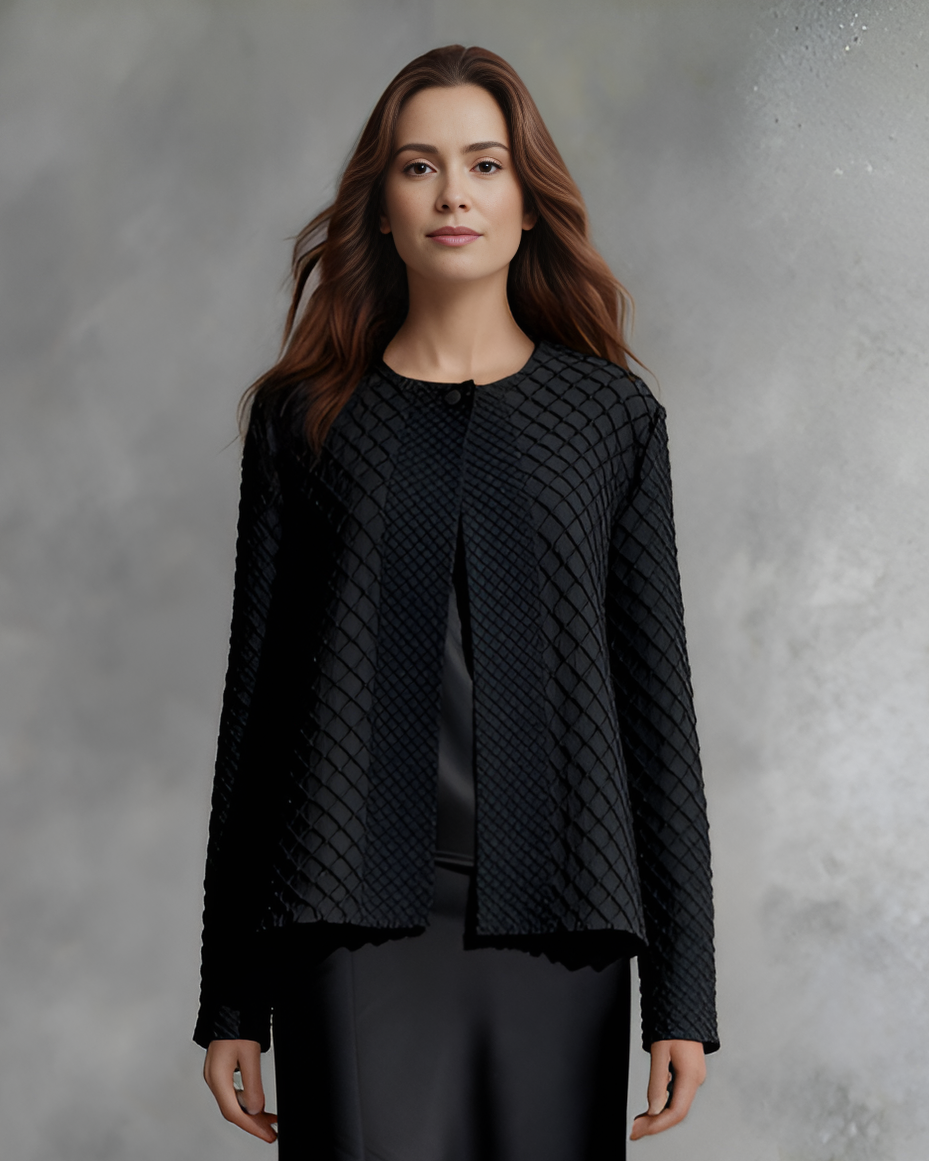 [Ellyndale - Pleating Jacket- Waffle Weave (Black): Black / O/S], [Jacket], [Ellyndale], [Plum Bottom].