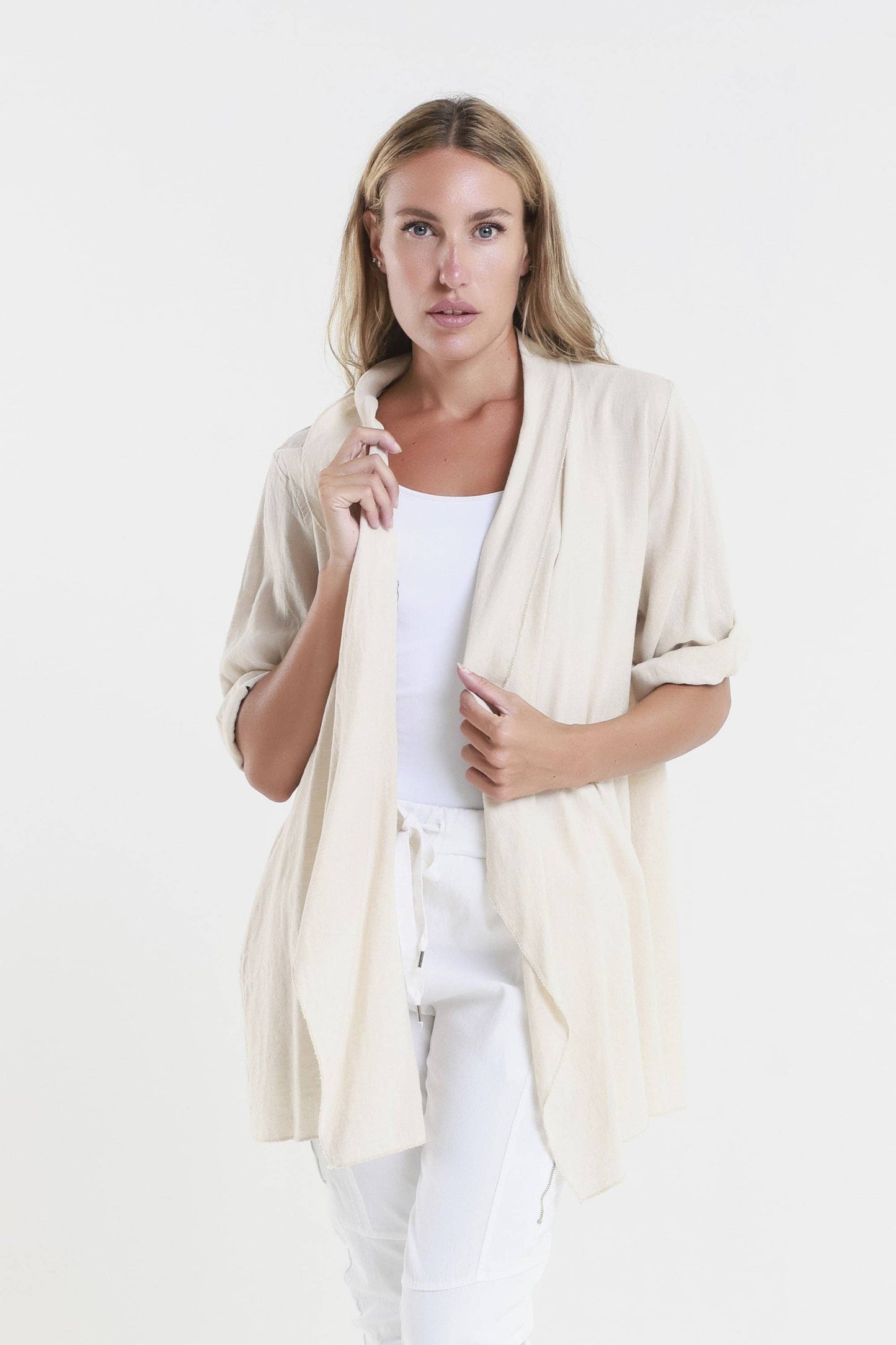 TINA Stephens Italy/Tees By Tina - Olivette Gauzy Linen Blend Open Cardigan (CQ102): 250 Beige / One Size