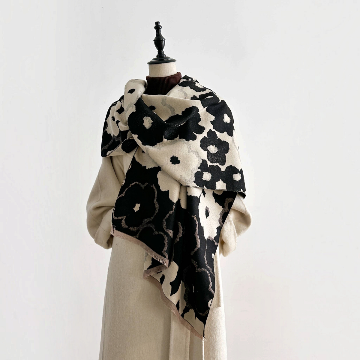 [Winding River - Black / White Drawn Rose Reversible Wrap], [Scarf], [Winding River], [Plum Bottom].