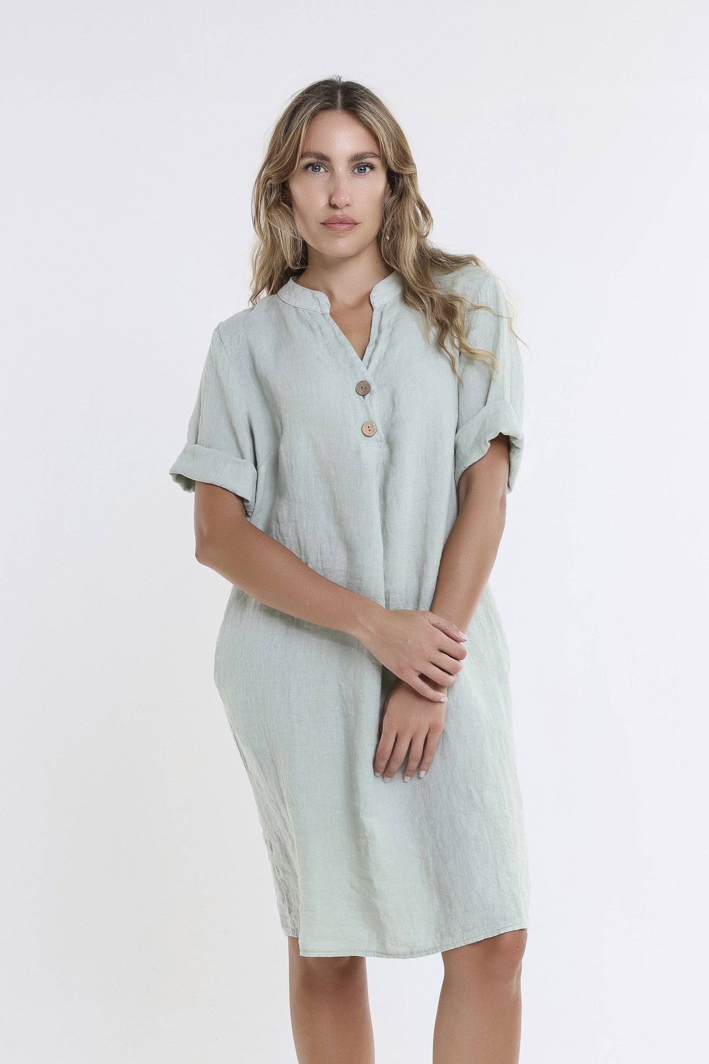 [TINA Stephens Italy/Tees By Tina - Lizzie Short Sleeve Linen Placket Dress (DSS140): 316 Olive / One Size], [CLOTHING], [TINA Stephens Italy/Tees By Tina], [Plum Bottom].
