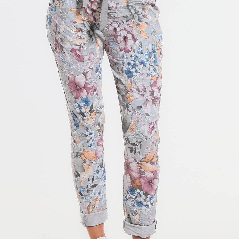 TINA STEPHENS ITALY Daelyn Multi-Flower Pull On Pant Grey