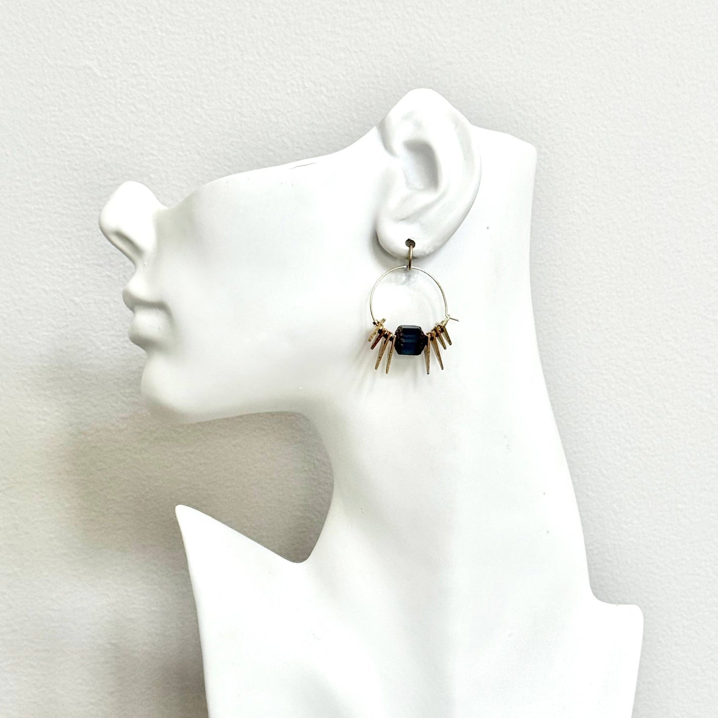 [David Aubrey Jewelry - NDNE03 Vintage Montana blue glass and brass triangle hoop earrings], [Earrings], [David Aubrey Jewelry], [Plum Bottom].