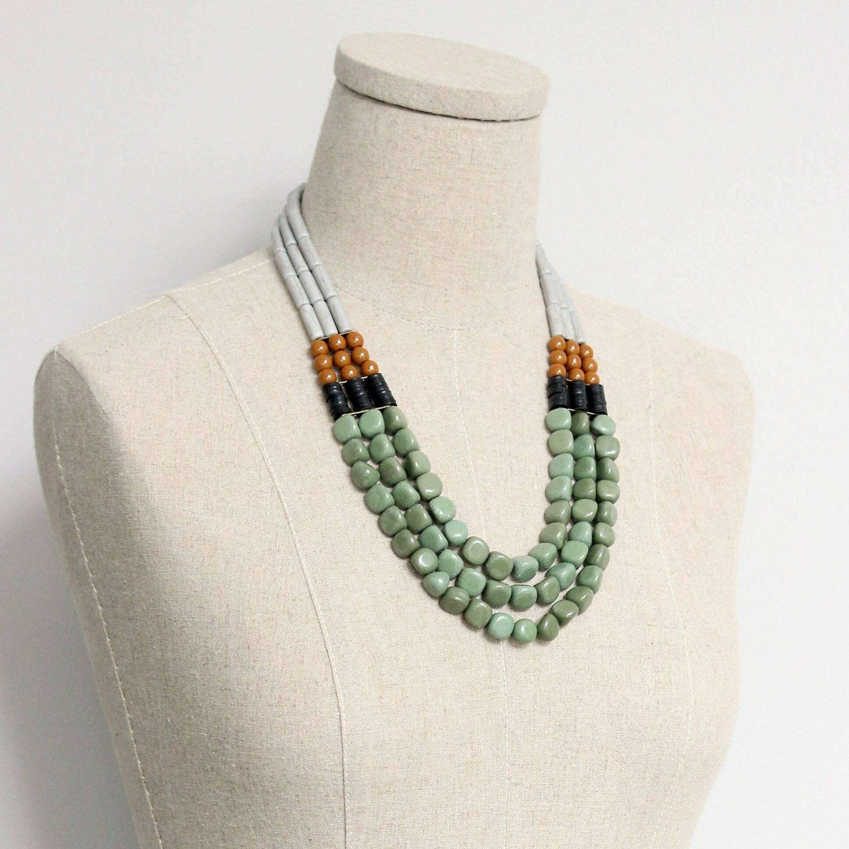 [David Aubrey Jewelry - FER221 Three strand gray and green necklace.], [Necklaces], [David Aubrey Jewelry], [Plum Bottom].