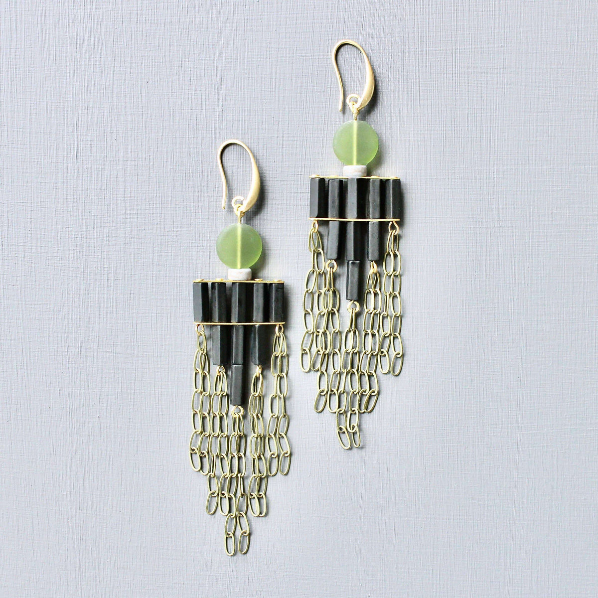 [David Aubrey Jewelry - JLTE72 olivine and black shoulder duster earrings], [Earrings], [David Aubrey Jewelry], [Plum Bottom].