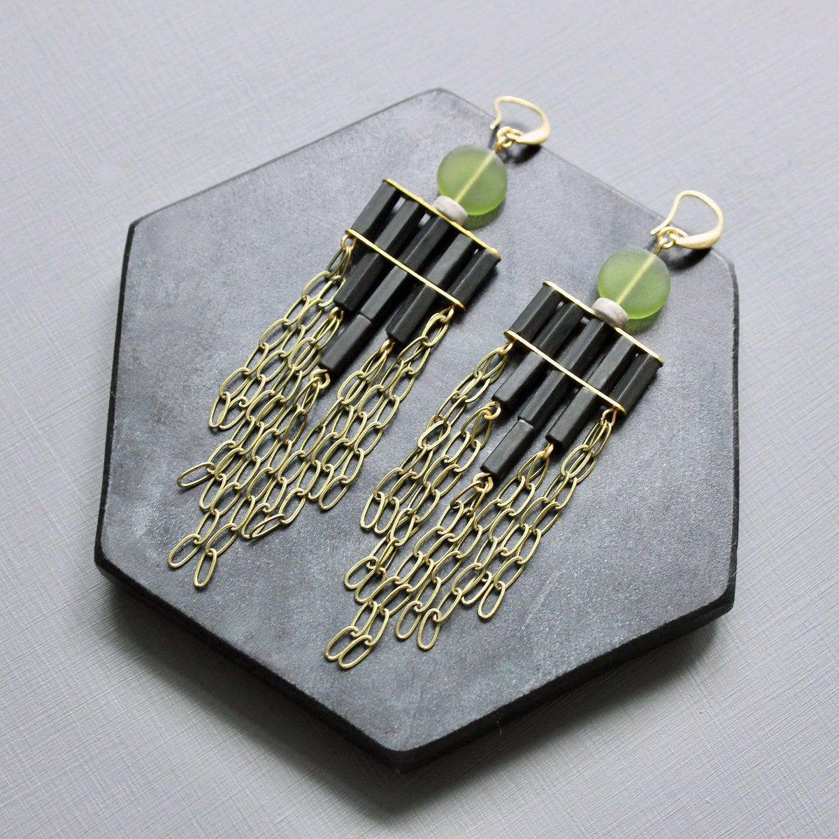 [David Aubrey Jewelry - JLTE72 olivine and black shoulder duster earrings], [Earrings], [David Aubrey Jewelry], [Plum Bottom].