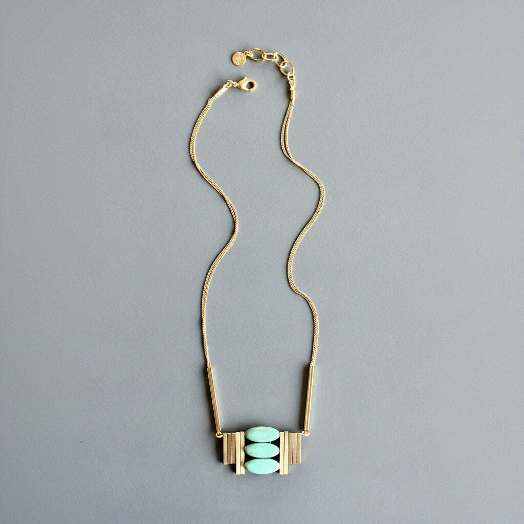 [David Aubrey Jewelry - MLN516 Turquoise and brass Artdeco necklace], [Necklaces], [David Aubrey Jewelry], [Plum Bottom].