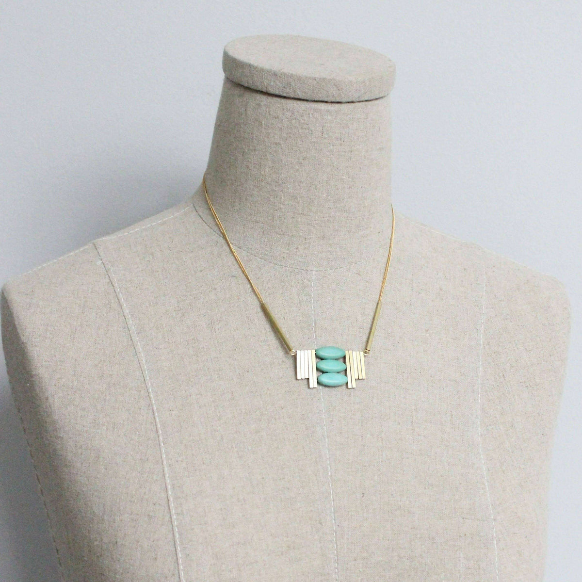 [David Aubrey Jewelry - MLN516 Turquoise and brass Artdeco necklace], [Necklaces], [David Aubrey Jewelry], [Plum Bottom].