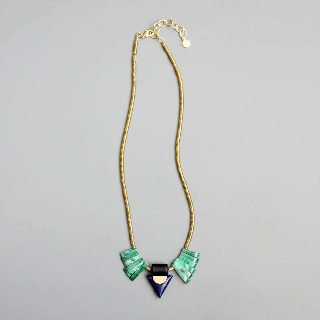 [David Aubrey Jewelry - NDN418 Artdeco malachite and navy blue pendant necklace], [Necklaces], [David Aubrey Jewelry], [Plum Bottom].