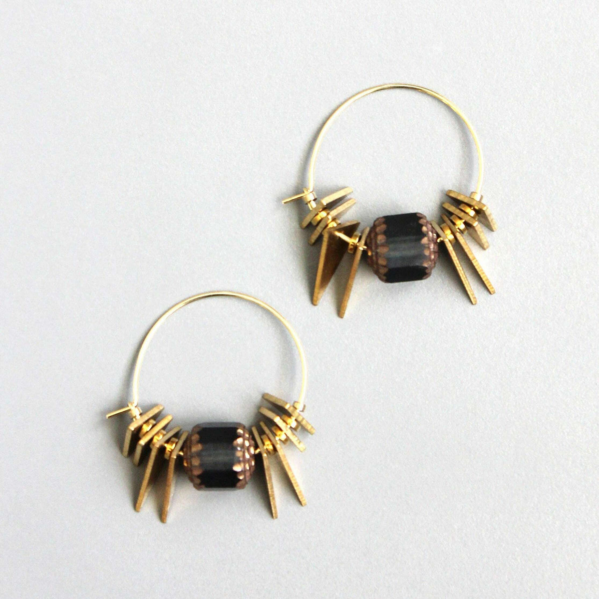 [David Aubrey Jewelry - NDNE03 Vintage Montana blue glass and brass triangle hoop earrings], [Earrings], [David Aubrey Jewelry], [Plum Bottom].