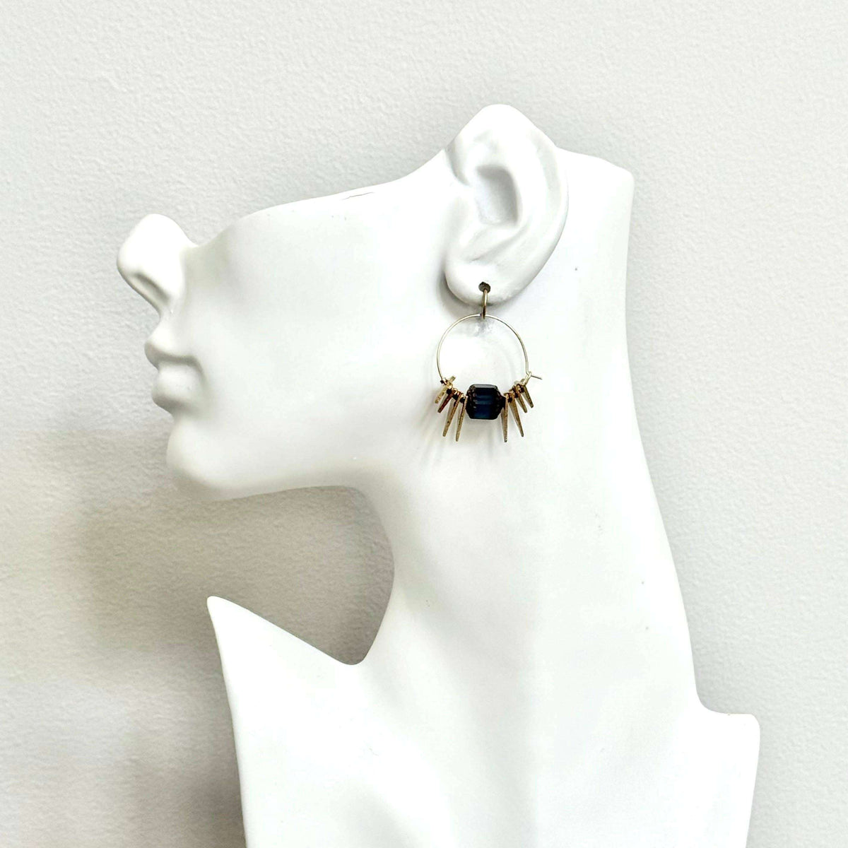 [David Aubrey Jewelry - NDNE03 Vintage Montana blue glass and brass triangle hoop earrings], [Earrings], [David Aubrey Jewelry], [Plum Bottom].